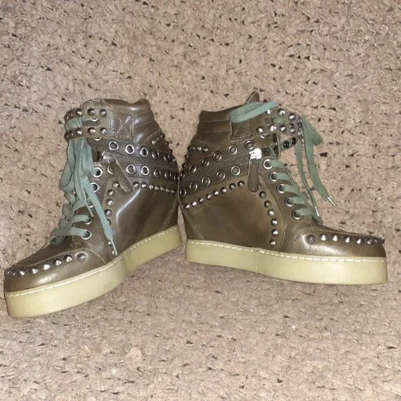 ASH-Blondie Studded HiddenWedge Sneaker-Dark Green Leather-Skulls-Sz37-Excellent - Picture 4 of 8
